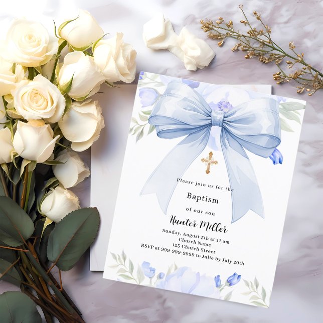 Blue bow florals boy Baptism invitation (Creator Uploaded)