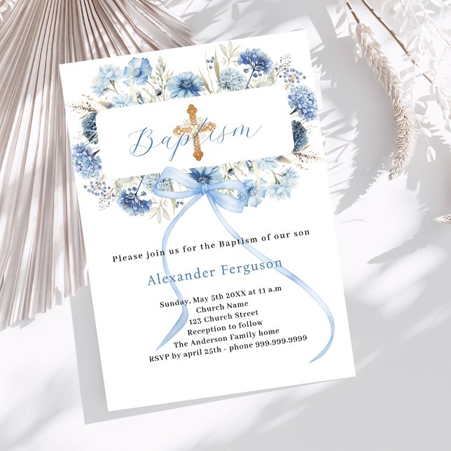Blue bow florals boy cross baptism invitation (Creator Uploaded)