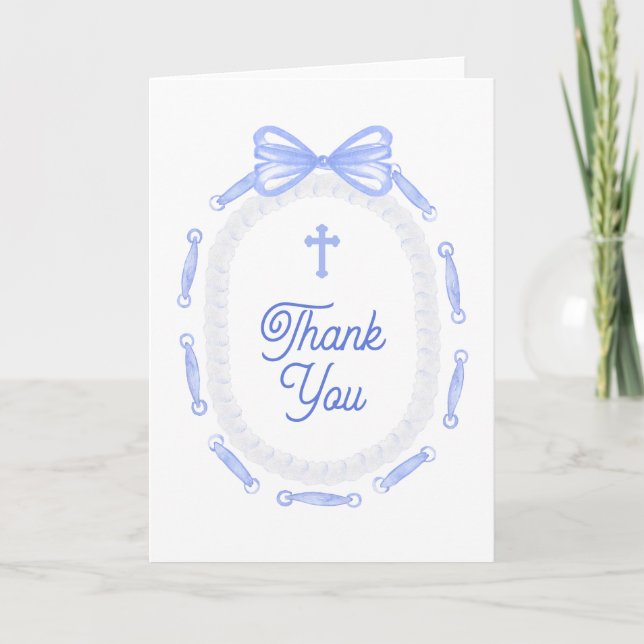 Blue Bow Frame Holy Cross Religious Thank You Card (Front)