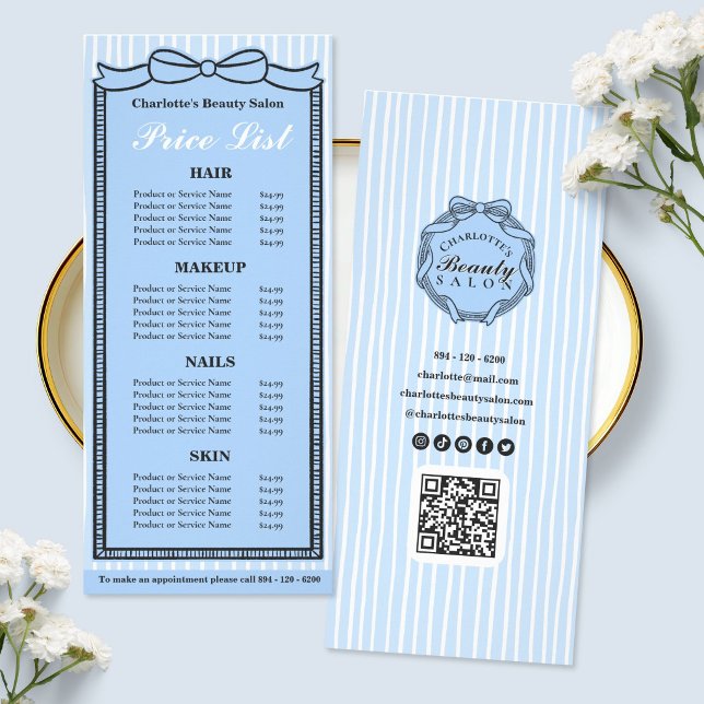 Blue Bow Frame Striped Salon Price List Card (Blue Bow Frame Striped Salon Price List Card)