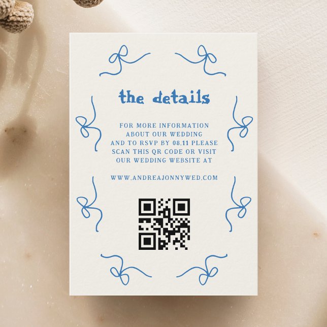 Blue Bow French Wedding Hand Drawn QR Code Details Enclosure Card (Creator Uploaded)