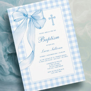 Blue Bow Gingham Baptism Invitation