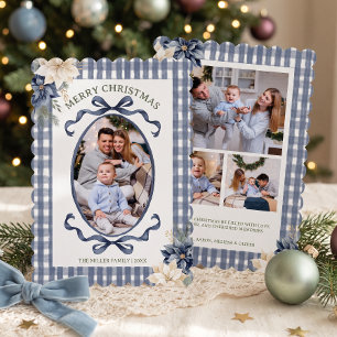 Blue Bow Gingham Family Photo Christmas Holiday Card
