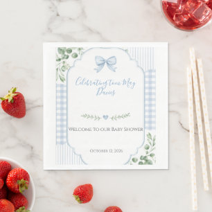Blue Bow Gingham Greenery Baby Shower Napkin