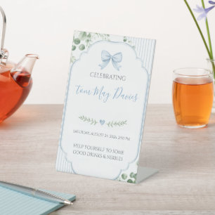Blue Bow Gingham Greenery Baby Shower Pedestal Sign