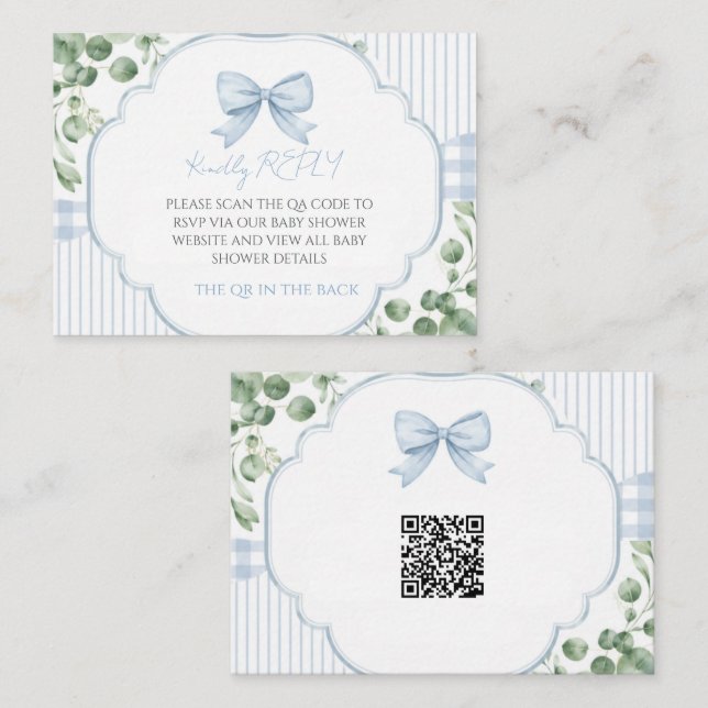 Blue Bow Gingham Greenery QR Code RSVP Card (Front/Back)