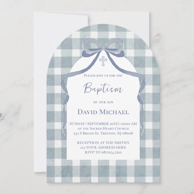 blue bow gingham pattern Baptism Invitation (Front)