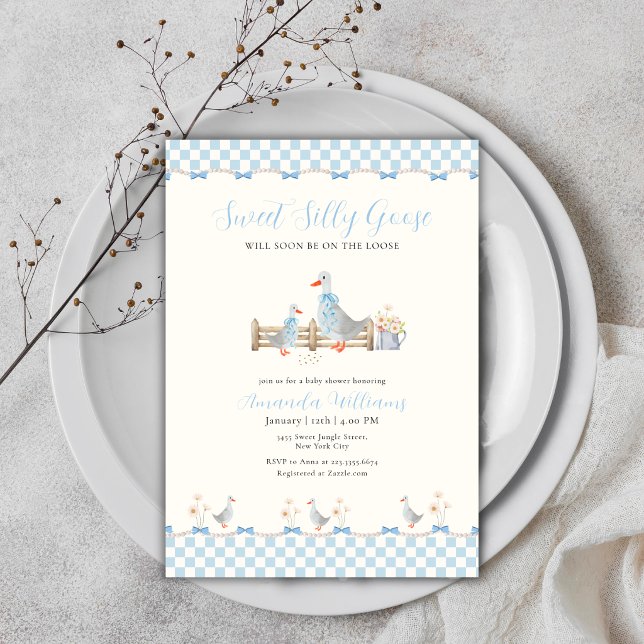 Blue Bow Gingham Preppy Silly Goose Baby Shower Invitation (Blue Bow Gingham Preppy Silly Goose Baby Shower Invitation)