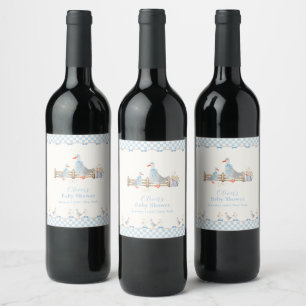 Blue Bow Gingham Preppy Silly Goose Baby Shower Wine Label