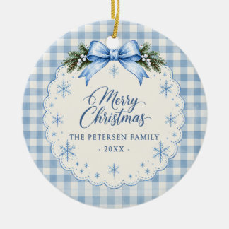 Blue Bow Gingham Teddy Bear Christmas Party Ceramic Tree Decoration