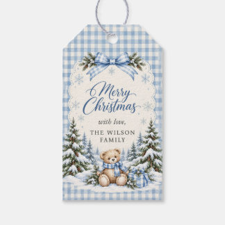 Blue Bow Gingham Teddy Bear Christmas Party Gift Tags