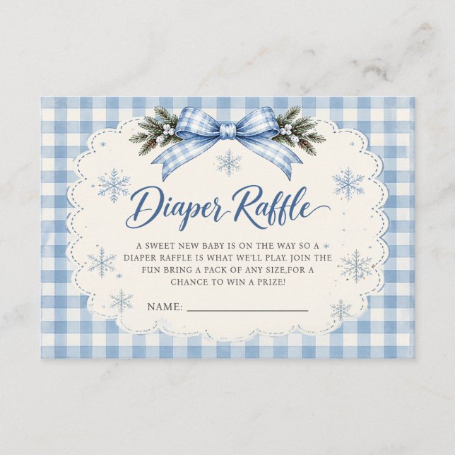 Blue Bow Gingham Teddy Bear Diaper Raffle Enclosure Card (Front)