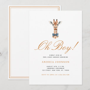 Blue Bow Giraffe Safari Theme Boy Baby Shower Invitation