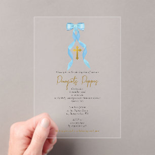 Blue Bow Greek Orthodox Christening Boy Baptism Acrylic Invitations
