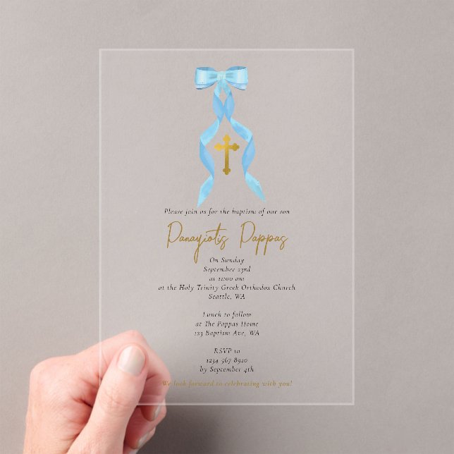 Blue Bow Greek Orthodox Christening Boy Baptism Acrylic Invitations (Insitu (Handheld))