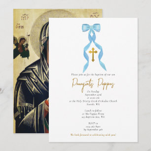 Blue Bow Greek Orthodox Christening Boy Baptism Invitation