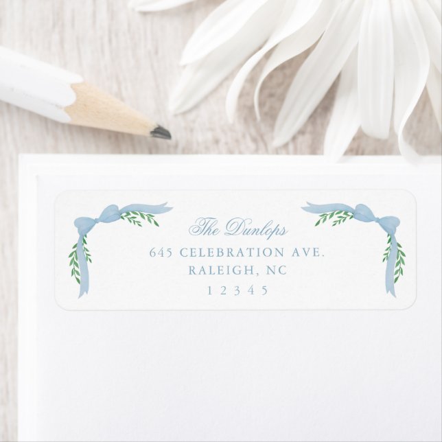 Blue Bow Greenery Boy Baby Shower Return Address (Insitu)