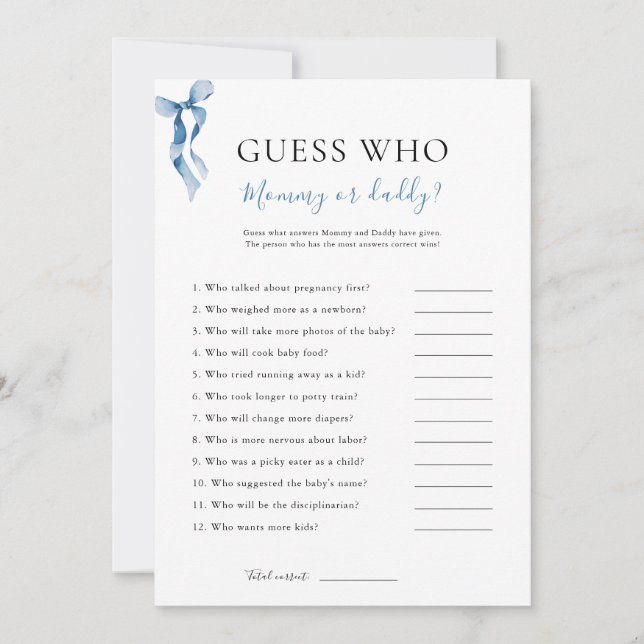 Blue Bow Guess Who Baby Shower Game Card (Front)