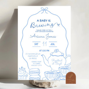 Blue Bow Hand Doodle A Baby is brewing baby shower Invitation