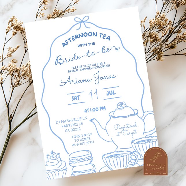 Blue Bow Hand Doodle Afternoon Tea Bridal Shower Invitation (Creator Uploaded)
