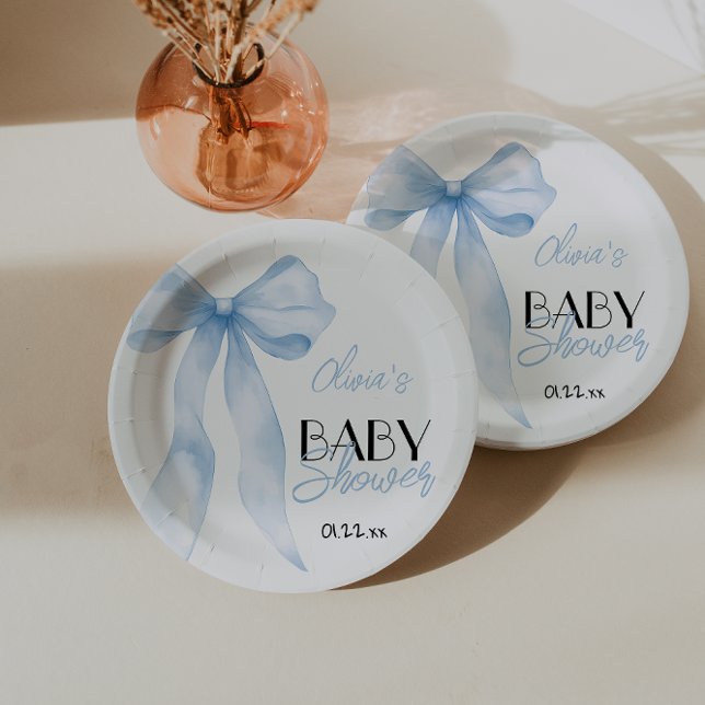 Blue Bow Hand Drawn Script Baby Boy Shower  Paper Plate (Creator Uploaded)