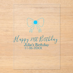 Blue bow happy 21st birthday name date girlstylish acrylic invitations