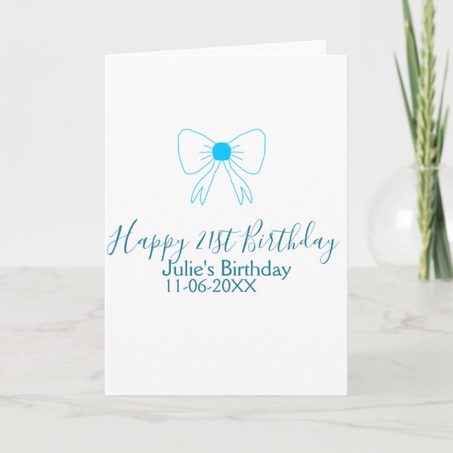 Blue bow happy 21st birthday name date girlstylish card (Front)