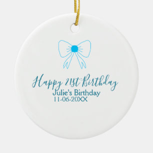 Blue bow happy 21st birthday name date girlstylish ceramic tree decoration