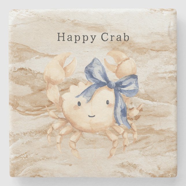 Blue Bow Happy Cream Sand Crab Stone Coaster (Front)
