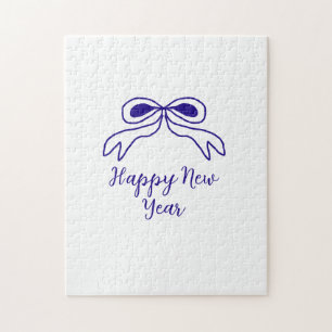 Blue bow happy new year name date simple minimal jigsaw puzzle