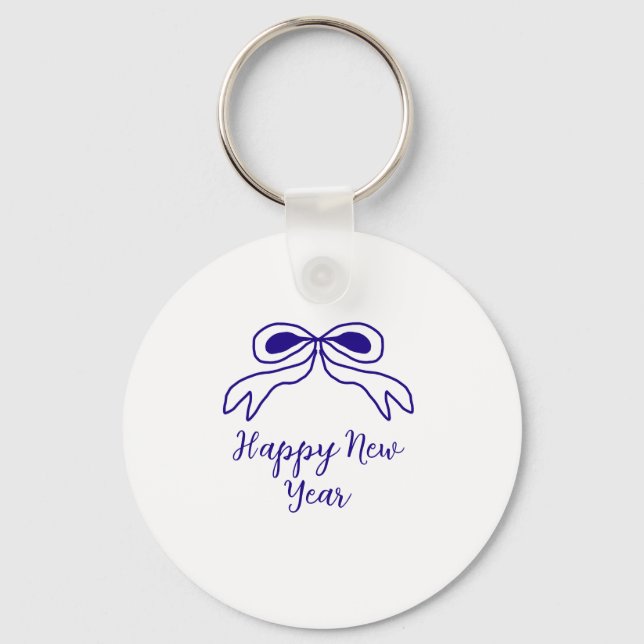 Blue bow happy new year name date simple minimal  key ring (Front)