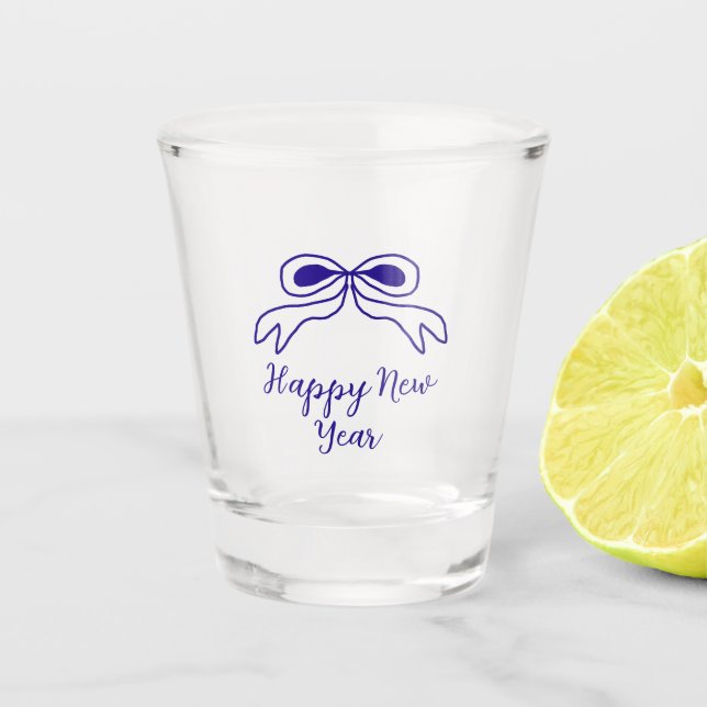 Blue bow happy new year name date simple minimal  shot glass (Front)