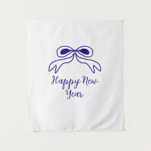 Blue bow happy new year name date simple minimal tapestry