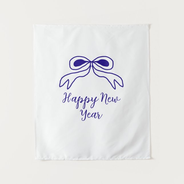 Blue bow happy new year name date simple minimal  tapestry (Front)
