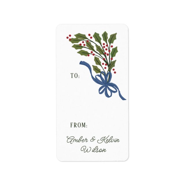 Blue Bow Holly Garland Holiday Gift Label (Front)