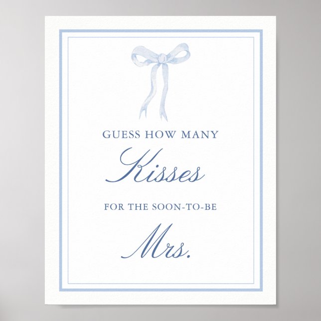 Blue Bow How Many Kisses Bridal Shower Game Sign (Front)