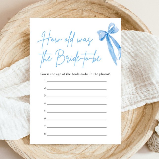 Blue Bow How Old Was the Bride Bridal Shower Game Invitation (Modern Watercolor Blue Bow How Old Was the Bride Bridal Shower Game)