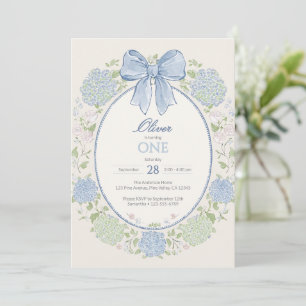 Blue Bow & Hydrangea Flowers Boy's 1st Birthday Invitation