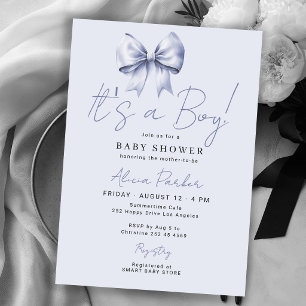 Blue bow its a boy baby shower invitation
