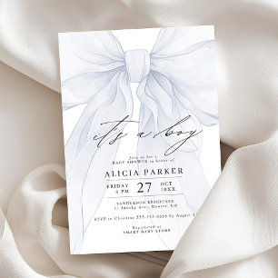 Blue bow its a boy baby shower invitation