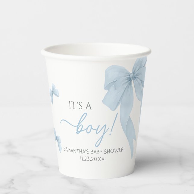 Blue Bow Its A Boy Baby Shower Paper Cups (Front)