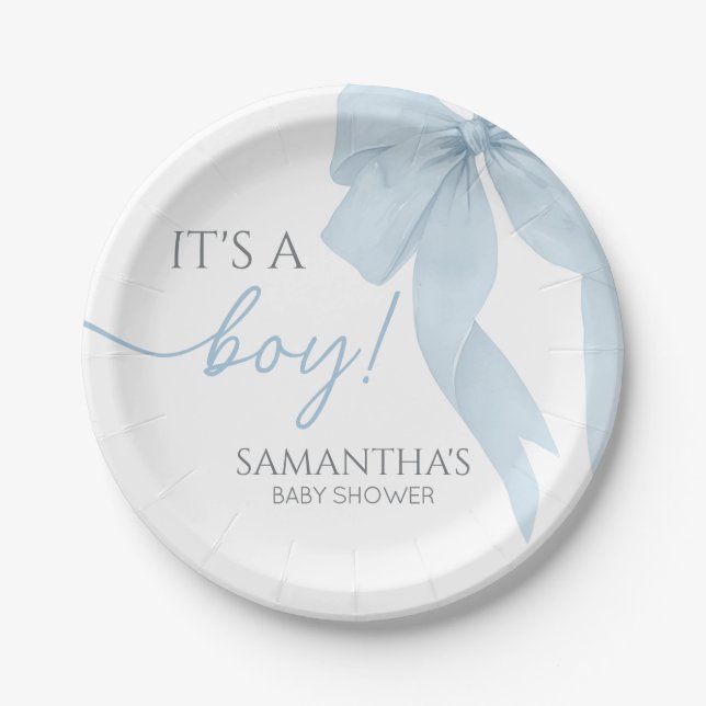 Blue Bow Its A Boy Baby Shower Paper Plate (Front)