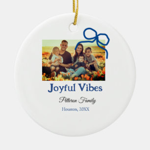 Blue bow joyful Vibes add family name photo christ Ceramic Tree Decoration