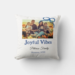Blue bow joyful Vibes add family name photo christ Cushion