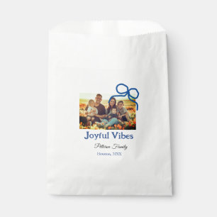 Blue bow joyful Vibes add family name photo christ Favour Bags