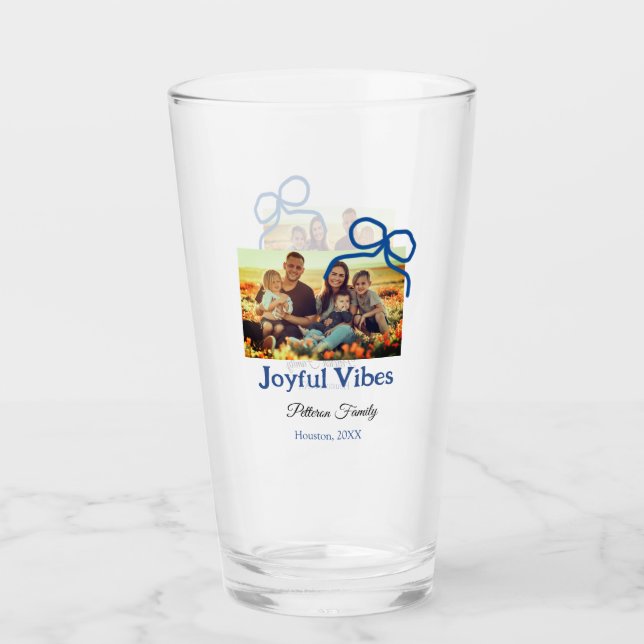Blue bow joyful Vibes add family name photo christ Glass (Front)