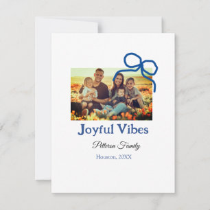 Blue bow joyful Vibes add family name photo christ Holiday Card