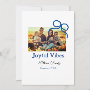 Blue bow joyful Vibes add family name photo christ Holiday Card
