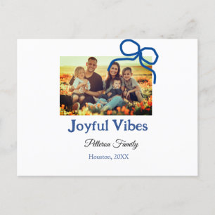 Blue bow joyful Vibes add family name photo christ Holiday Postcard