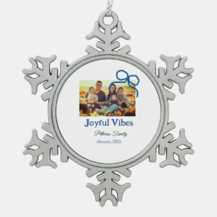 Blue bow joyful Vibes add family name photo christ Snowflake Pewter Christmas Ornament